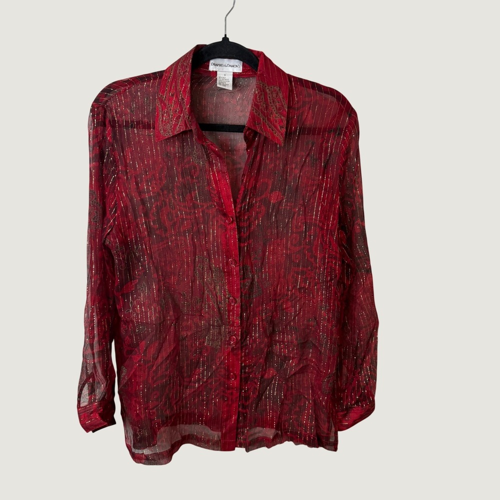 Drapers & Damons Sheer Silk Shirt Red Paisley Gold Metallic Dark Romantic Small